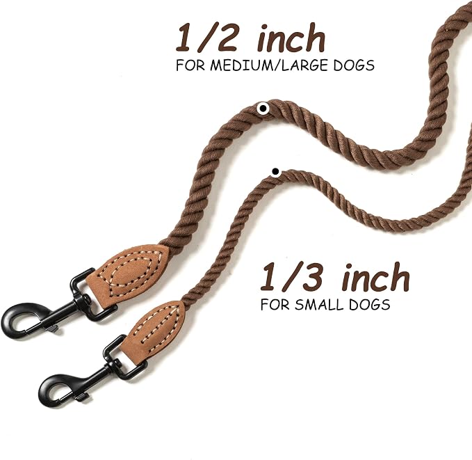 Mile High Life Dog Leash Braided Cotton Rope with Leather-Reinforced Ends | Rust-proof 360° swivel clasp, Heavy-duty for small/medium dogs. Great for weddings, daily walks (5 FT, 1/3", Dark Brown)