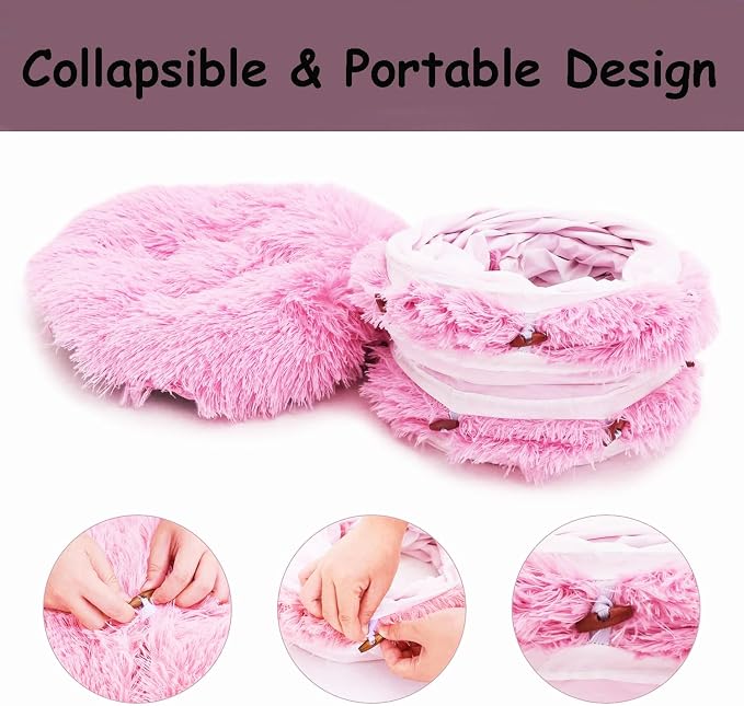 Cat Bed Tunnel Tube Toy Pink Plush | Collapsible Round Tunnels for Indoor Cats, Interactive Toys Play Tubes with Hanging Ball for Kitten, Puppy, Rabbit