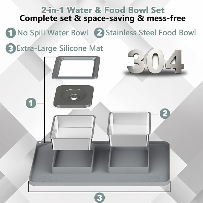 Dog Bowl Set, No Spill Dog Water and Food Bowl with Silicone Mat | Large Capacity 304 Stainless Steel Bowls, 2-In-1 Set, Slows Drinking, Anti-Slip Silicone Feeding Mat, Home/Travel, 6-7 Cups