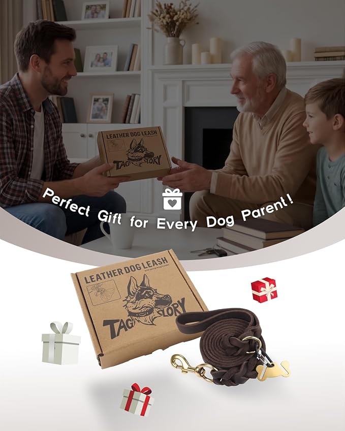 Taglory Leather Dog Leash for Large Medium Dogs, Hand-Braided, 5FT Brown | Strong for Training & Everyday Walks, Soft Grip Full Control, Hands-Free Poop Bag Holder, Rotating Brass Clasp, 3/4 INCH