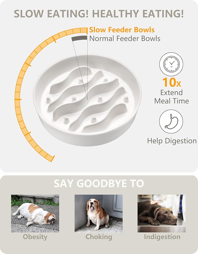 Ceramic Slow Feeder and Water Bowl Set for Medium and Large Dogs, 2.0 Cups Dog Slow Feeder(30oz) and 70oz Water Bowl Set, 8in, White