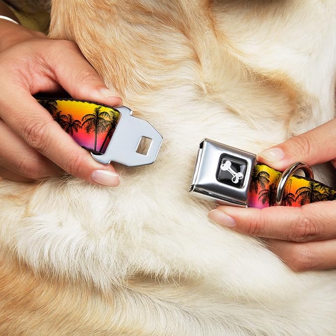 Dog Collar Seatbelt Buckle Palm Trees Sunset Fade Black 15 to 26 Inches 1.0 Inch Wide, Large, DC-W34296-L | Palm Trees Sunset Fade Black Durable Metal Adjustable ID Tag Ring