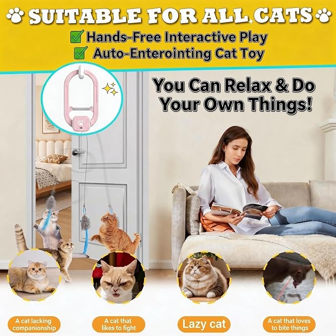 Interactive Cat Toy, Electric Cat Teaser, Door Clip, 2 Motion Modes | 360° Rotation • Random Jumping • Type-C Rechargeable • Door Clip Design • For Indoor Cats