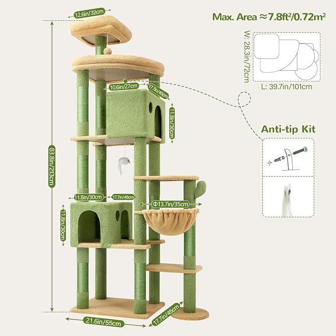 Globlazer Cactus Giant Cat Tree, 83 inch Cat Tree for Indoor Cats Large Adult, XXL Cat Tower with 9 Scratching Posts for 20lb+ Heavy Duty Large Adult Cats, F83, Green