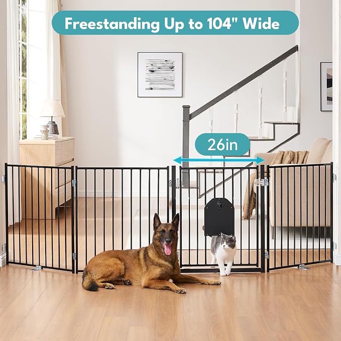 No Pawblems Full Metal Freestanding Dog Gate with Cat Door, 30" Tall | Foldable Pet Gate for Indoor/Outdoor, Zoned management, Dog Fence for Families with Multiple Pets, 104" Wide, 4 Panels, Black