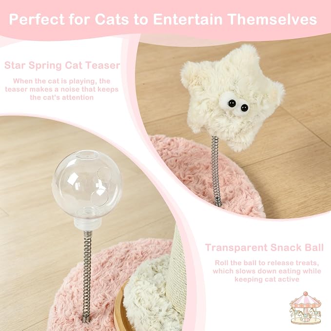 Kitten Scratching Post, Cute Pink Cat Scratcher Sisal | Rotating Canopy, Hanging Balls, Ball Track, Star-Shaped Talking Toy, Snack Balls, 24'', for Indoor for Kittens Adults Cats