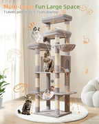Taoqimiao Heavy-Duty Cat Tree, 71 in Cat Tower for Large Cats 20lbs+ | 3 Giant Multi-Tier Perches, Widened Cat Condo with 9 Scratching Posts, Plush Hammock & Basket, Toys, Light Gray, MS034W