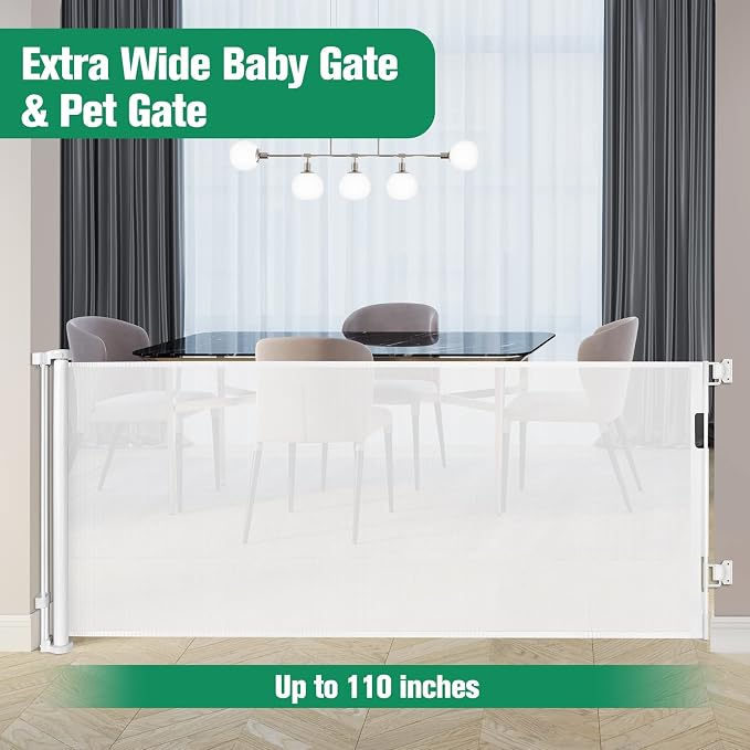 KISKIZ 110 Inch Extra Wide Retractable Baby Gate for Large Openings, White | Indoor & Outdoor Retractable Dog Gate for Doorways, Hallways, Decks, Patios, Keeps Kids & Pets Safely Contained, Easy Install