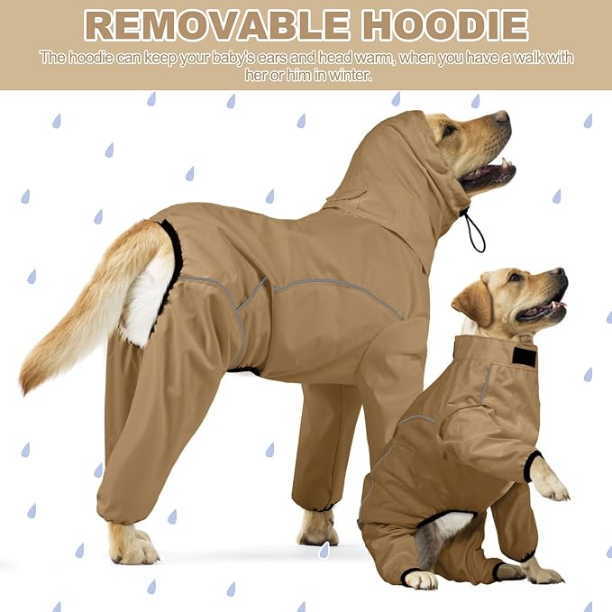 ADINIKIA Dog Raincoat,Waterproof Rain Jacket with Removable Hood,Khaki M | Leash Hole/ Reflective Stripe/Adjustable 4 Legs Rainsuit/Full Coverage/ Snowproof Windproof/ For Small to 3X-Large Dogs