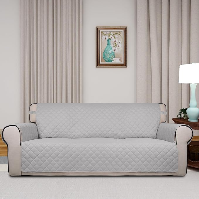 PureFit Reversible Quilted Sofa Cover Dog Couch Covers for Sofa, 66 in | Light Gray/Light Gray, Water Resistant Couch Protector, Washable Pet Couch Cover with Non Slip and Elastic Straps For Kids