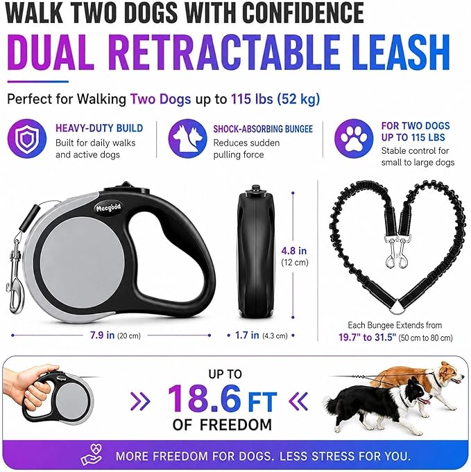 Double Retractable Dog Leash for Two Dogs Up to 115 lbs - 18.6 ft Coupler Leashes for Small Medium Dogs - One Locked System, Non Slip Grip, Tangle Free (Grey)