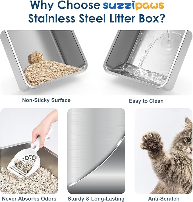 Suzzipaws XL Enclosed Stainless Steel Cat Litter Box for Big Cats | High-Side Anti-Leakage Stainless Steel Litter Box, Non-Sticky, Easy-Clean, Less Tracking for Multi-Cat Homes, Orange