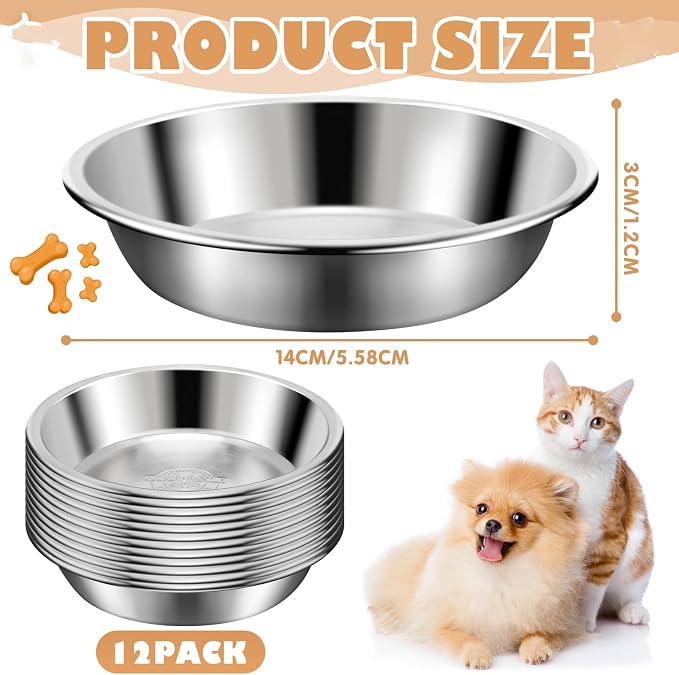 12Pcs Stainless Steel Cat Food Bowls, 5.5 Inch Shallow Cat Bowls | Replacement Whisker Fatigue Relief Cat Bowl, Cat Food Dish Bulk for Elevated Stand, Dishwasher Safe for Small Dogs and Cats