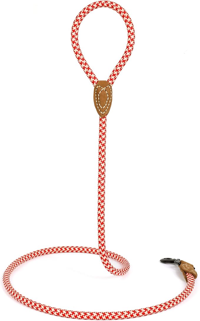 Mile High Life Dog Leash with Genuine Leather Connection, 6 FT/5 FT/4 FT | Rope Leash, Heavy Duty 360° Swivel Metal Clasp, for Small Medium & Large Dogs (Red Khaki, 60 Inch)