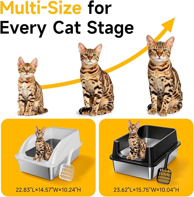 XL Open Top Stainless Steel Litter Box with High Sides,Light Gray | Extra Large Metal Cat Litter Pan , XL Litter Box, Non-Stick Easy Clean Anti-Leak Kitty Litter Pan, Odor Control, Open Top