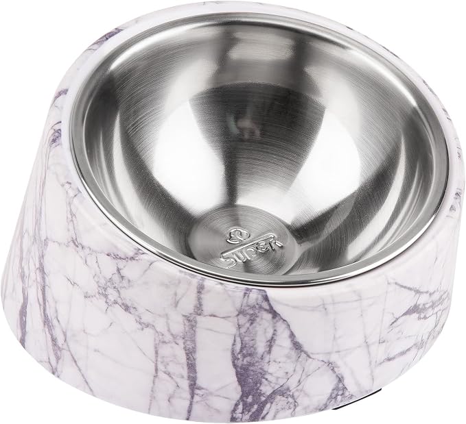 SuperDesign Mess Free 15° Slanted Bowl for Dogs and Cats, Tilted Angle Bulldog Bowl Dog Feeder, Non-Skid & Non-Spill, Easier to Reach Food S/0.5 Cup Marble Pattern