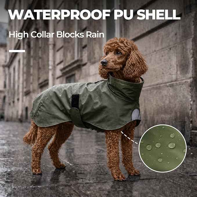PU Dog Raincoat, Non-Toxic & Odorless Waterproof Vest, Adjustable High Collar and Hook & Loop Belly Closure for Rainy Potty Breaks & Wet Weather Outdoor Walks (Olive Green, X-Large)