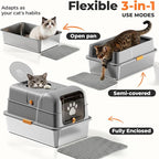 24″Lx16″Wx15″H Non-Stick Stainless Steel Litter Box with Lid, No-Mess Odor Control Anti-Leak Cat Litter Box, 3-in-1 Fully Enclosed High-Sided Litterbox with Flip Top (Gray)