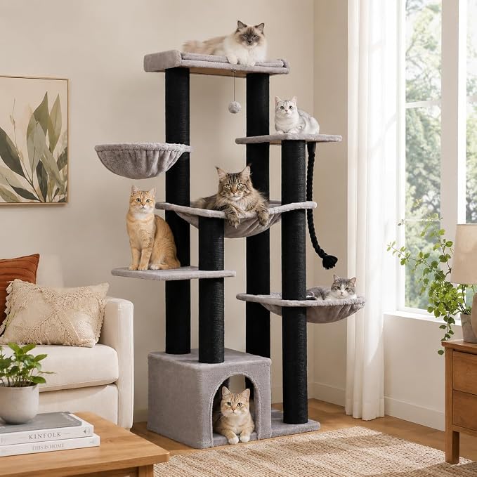 MUTTROS Large Cat Tree-67 Maine Coon Cat Tower for Indoor Cats Large Adult with 7 Thick Black Scratching Posts (φ4.3), Multi-Level Condo, Big Perch & Hammocks -Black
