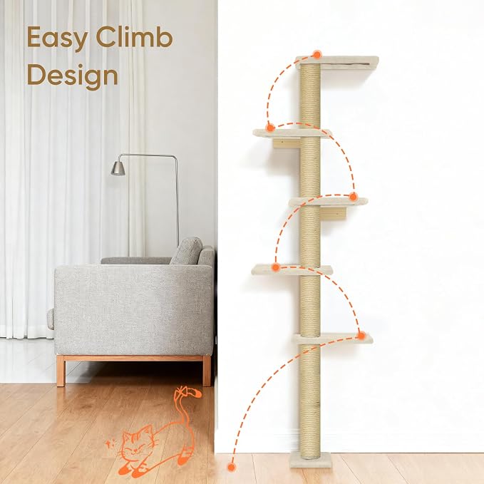PAWSCRAT 5-Tier Wall-Mounted Cat Tree, 80-Inch Sisal Post, PureWhite | Cat Tower for Indoor Cats, Cozy hammock and Durable Sisal Post Give Cats Vertical Space to Jump, Climb, Scratch and Rest.