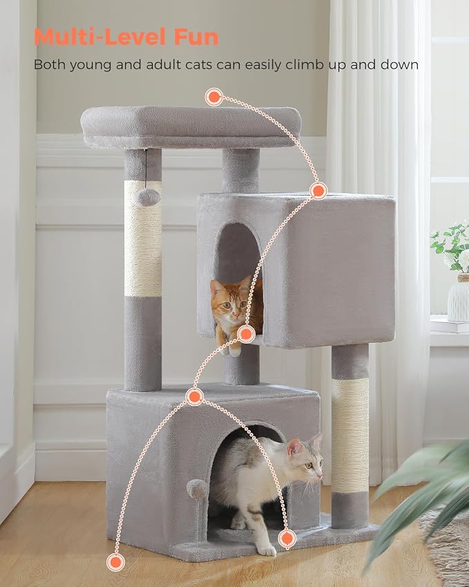 XL Cat Tree 44" Cat Tower for Large Cats 20 lbs, 2 Spacious Caves | Multi-Level Cat Tree with Scratching Posts, Soft Padded Perch, 2 Dangling Toys