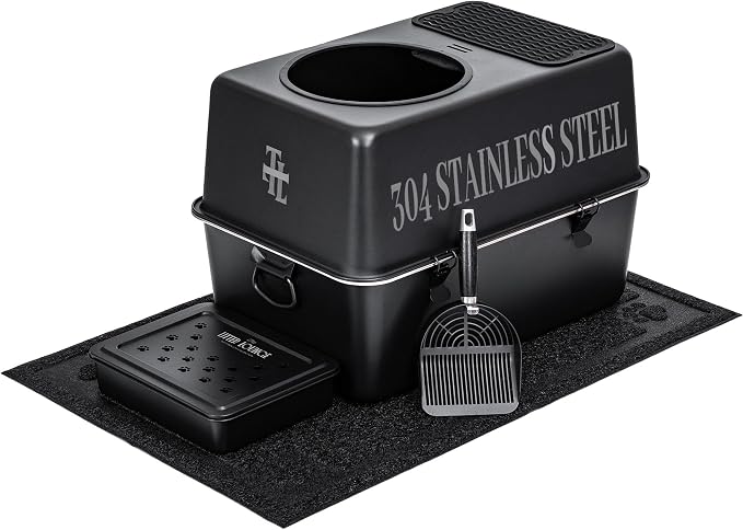 304 Stainless Steel Cat Litter Box, Fully Enclosed Leak-Proof & Rust-Proof Top-Entry XL Litter Box with Metal Scoop, Litter Mat, Side Clamps & Handles for Large Cats (Black, XX-Large)