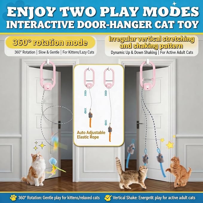 Interactive Cat Toy, Electric Cat Teaser, Door Clip, 2 Motion Modes | 360° Rotation • Random Jumping • Type-C Rechargeable • Door Clip Design • For Indoor Cats