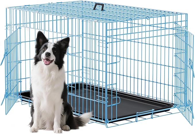 FDW XL Dog Crate 48inch Dog Cage Foldable Metal Kennel with Leakproof Tray Foldable Design Indoor Outdoor Use for Extra Large Dogs,Blue