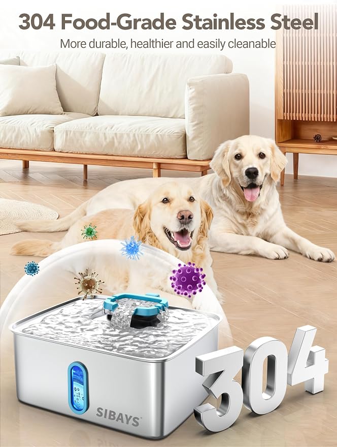 SIBAYS 4Gal/15L Large Dog Water Fountain, Stainless Steel Pet Water Fountain with Water Level Window and LED Light, Ultra Quiet Automatic Dog Water Bowl Dispenser, Easy to Clean(FS78, Silver-Blue)