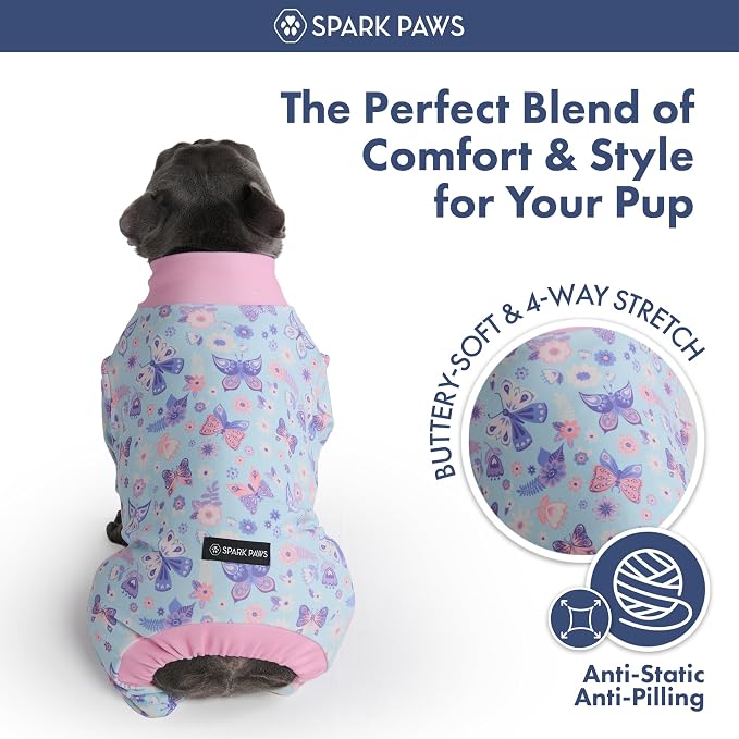Spark Paws Dog Pajama, Dog Recovery Suit Male, Onesie, Ultra-Soft and 4-Way Stretch, for Small Medium and Large Breed - Butterfly Dreams - L