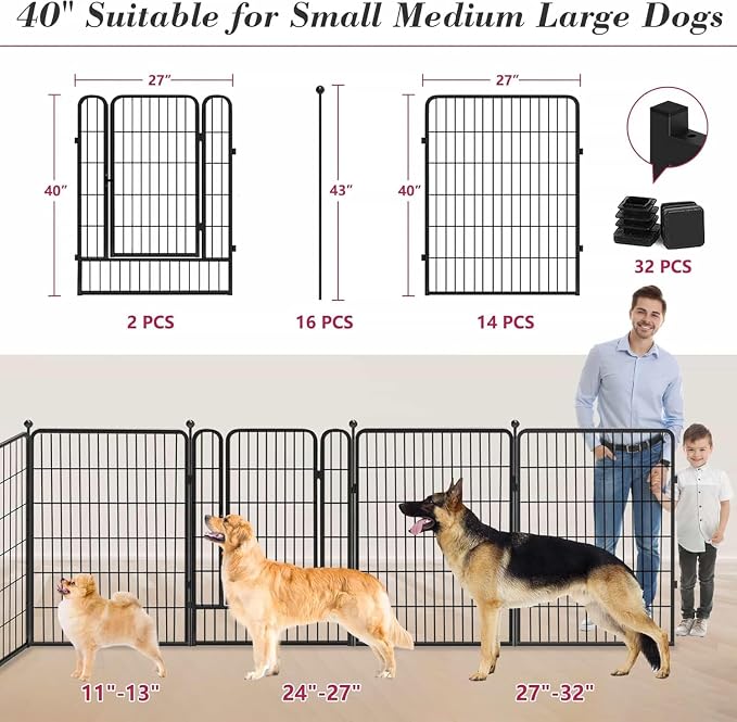 Dog Playpen Outdoor 40 inch 16 Panels Indoor Dog Pen for Large/Medium/Small Dogs Rustproof Metal Dog Fence Outdoor for Yard, Puppy Playpen with Door Portable Pet Fence for RV Camping Yard