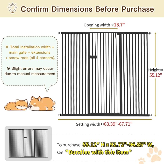 Lumizone Extra Tall Cat Gate 55.12" High 63.39"-67.71" Wide Pet Gate Black | Dog Gate for Doorway Hallway Stairs Pressure Mounted Extra Wide 1.37" Gap No Drilling Auto-Close One-Handed Operation