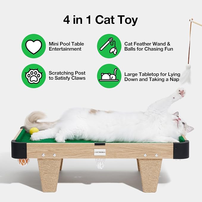 VETRESKA 4 in 1 Cat Toys Mini Pool Table, Gift for Cats, Feather Wand Toy Cat Billiard Ball Puzzle Toy, Pool Table with Scratching Post, Cat Interactive Exercise Play Rest Beds & Furniture | Cats Toys Gift, Feather Wand Toy Cat Billiard Ball Puzzle Toy...