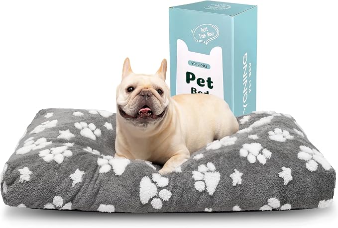 Cute Fluffy Dog Beds for Small Medium Dogs, 30"x 20", Grey Paw | Thick Dog Bed for Crate Kennel, Pet Bed with Removable Washable Cover, Anti-Slip Bottom