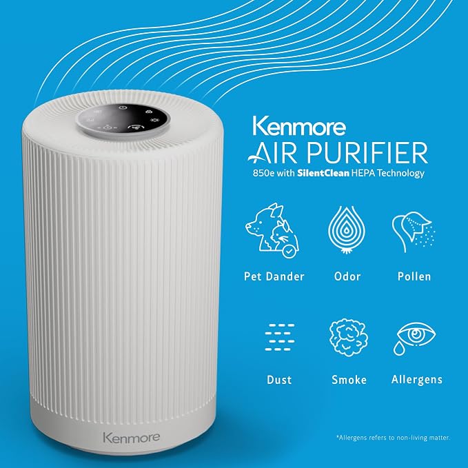 Kenmore Air Purifier with H13 True HEPA Filter, Covers Up to 850 Sq.Foot | 25db SilentClean 3-Stage HEPA Filtration System for Office & Bedroom