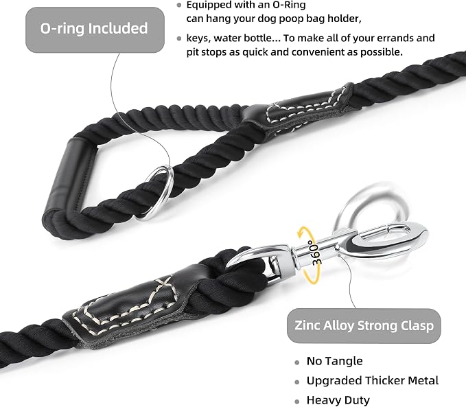 Mile High Life Dog Leash Braided Cotton Rope w/Leather-Wrapped Ends/Handle | Rust-proof 360° swivel clasp, Heavy-duty for medium/large breeds. Great for weddings, daily walks (4 FT, 1/2", Black)
