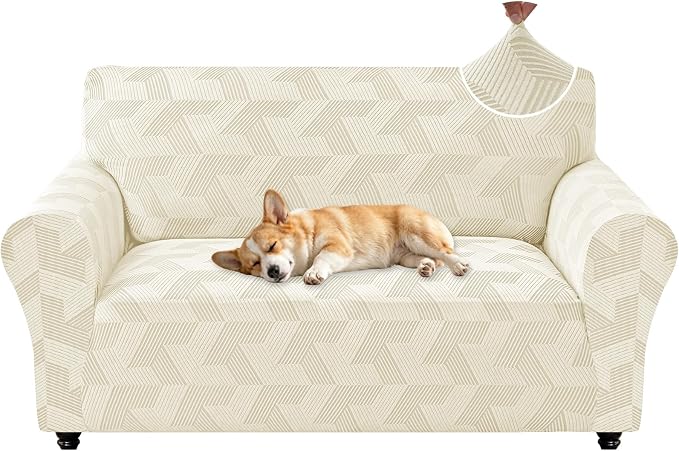 ZNSAYOTX Stretch Couch Covers for 2 Cushion Couch, 1-Piece Loveseat Covers Sofa Slipcover, Furniture Protector with Elastic Bottom for Dogs Geometrical Jacquard Fabric (Medium, Beige)
