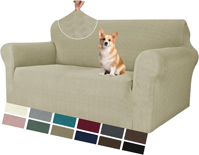 MAXIJIN Loveseat Cover Sofa Covers (55"-69"), 1-Piece Stretch Couch Covers for 2 Cushion Couch Love Seat Slipcover with Elastic Bottom for Kids,Dog (Loveseat, Diamond Pattern Khaki)