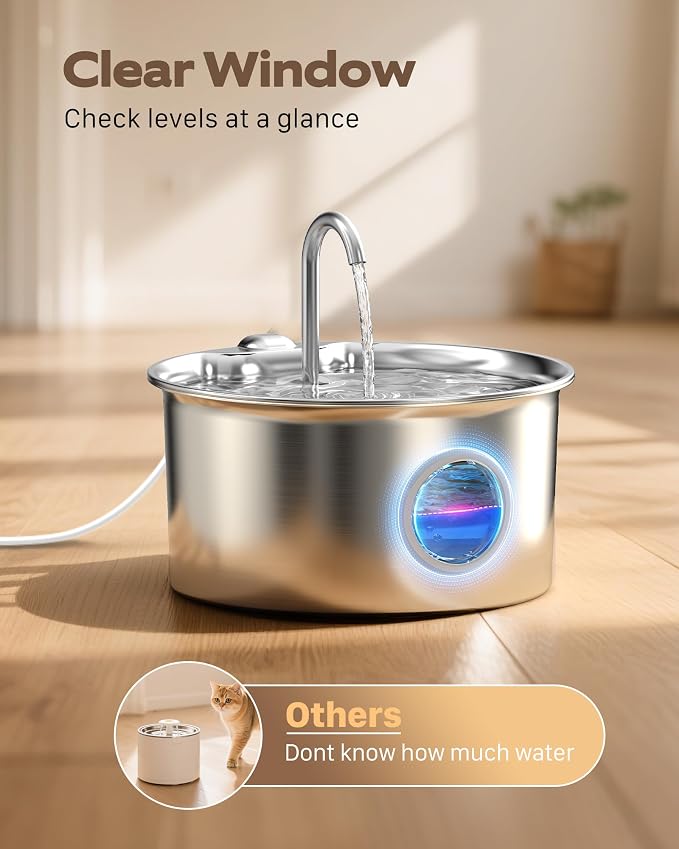 Pet Water Fountain Stainless Steel: Mental Cat Water Fountains with 8 Filters + 8 Sponges - 88oz/2.6L Noiseless Cats Waterer Bowl Dispenser - ATMZIQXR Kitten Drinking Fountains for Cats Indoor