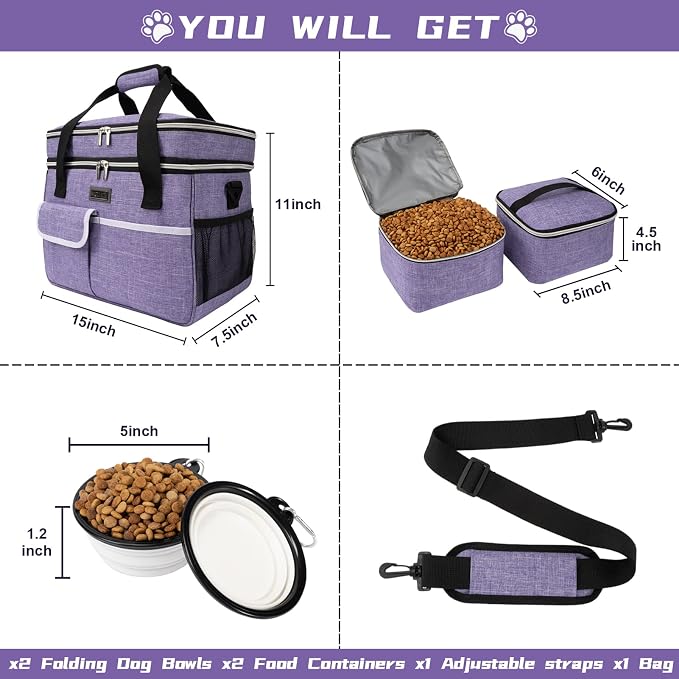 BAGLHER Dog Travel Bag for Supplies - Double-Layer Airline Approved Weekend Pet Travel Organizer Set for Dog and Cat Tote with 2 Pet Food Containers and 2 Collapsible Silicone Bowls Purple