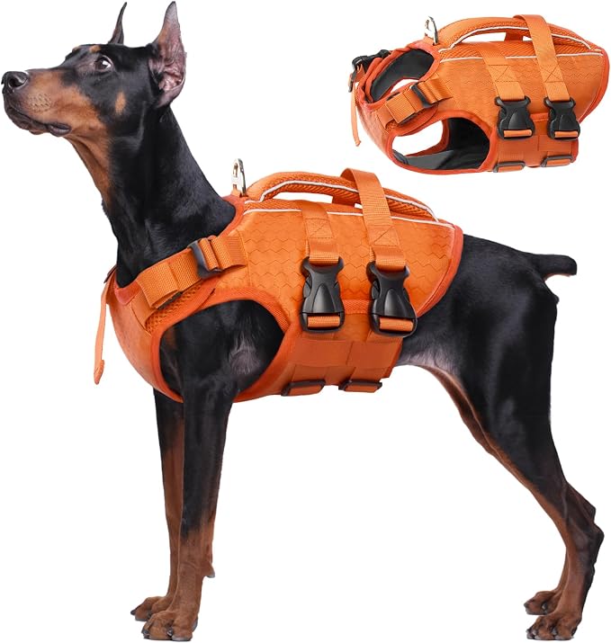 Kuoser Dog Life Jacket, High Flotation Reflective Dog Life Vest, Orange,XXL | Adjustable Dog Lifejackets for Small Medium Large Dogs, Lifevest with Rescue Handle for Swimming, Boating, Lake, Beach & Pool
