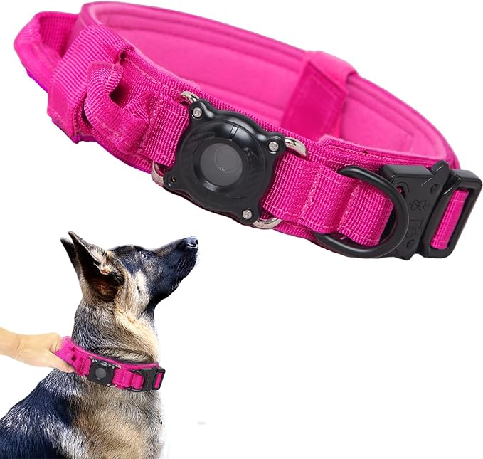 AirTag Dog Collar for Large Dogs Tactical Dog Collar with AirTag Holder | Upgrade Waterproof,Control Handle,Quick-Release Metal Buckle,1000D Nylon Fabric,Soft-Padded Webbing,Velcro Patch(Rose Red,XL)