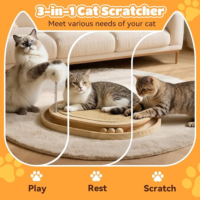 Cat Scratcher, Sisal Scratching Pad Kitten Cat Ball Track Toy | 3 Spring Plush Toys for Chasing Hunting Exercise, Round Wooden Non-Slip Cat Scratchers for Indoor