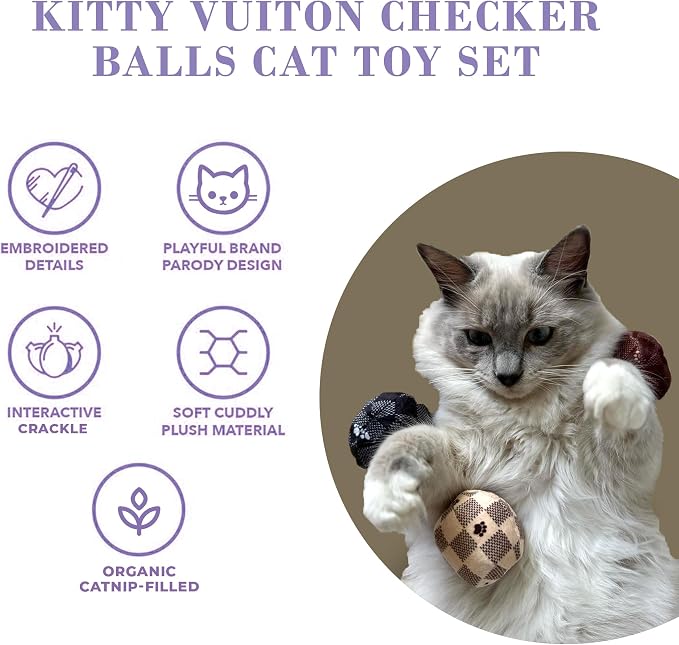 Haute Diggity Kitty Vuiton Checker Balls Set, Soft Plush Cat Toys | 3 Pack Catnip Toys with Interactive Crackle Sound, Safe & Durable Cat Nip Kicker Toy for Outdoor & Indoor Cats & Kitten