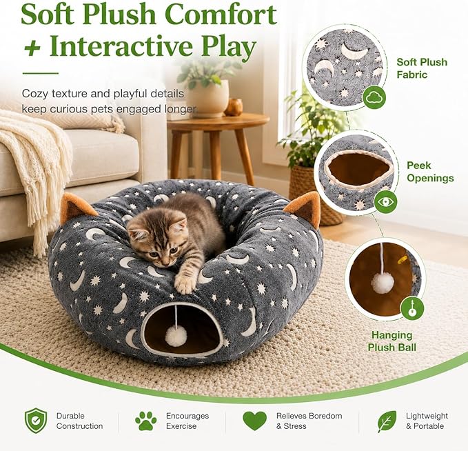 Cat Tunnel Bed Under Christmas Tree with Plush Ball Toy Playground Crinkle Collapsible Self-Luminous Flannel Fabric 3FT for Large Cats Kittens Kitty Small Animals Puppy Grey Moon Star