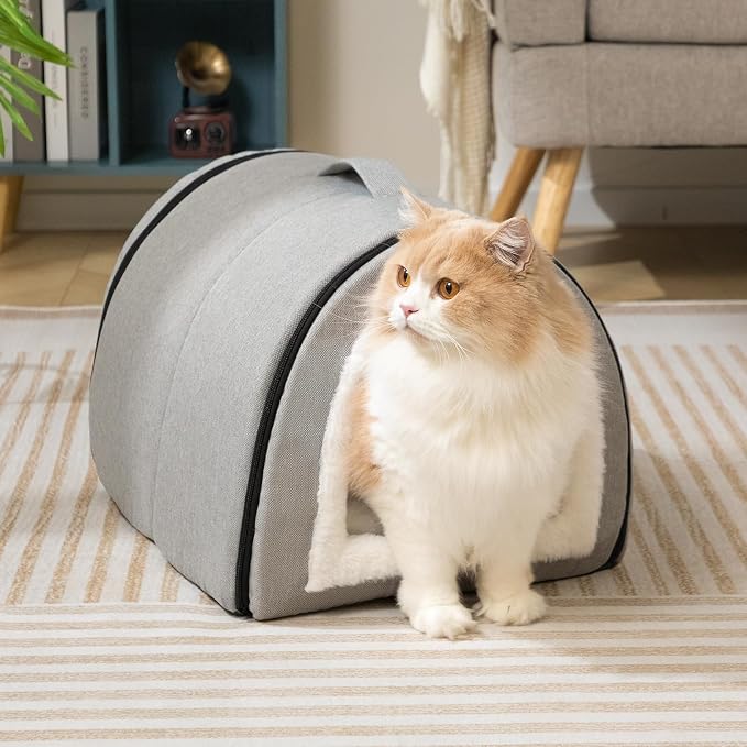 Hollypet Cat Bed Cave for Indoor Cats for Pets up to 20 lbs, Gray | Warm Cat Arched Cave Bed Condo, Covered Kitty House with Removable Washable Cushion, Cozy Enclosed Pet Bed for Small Dogs