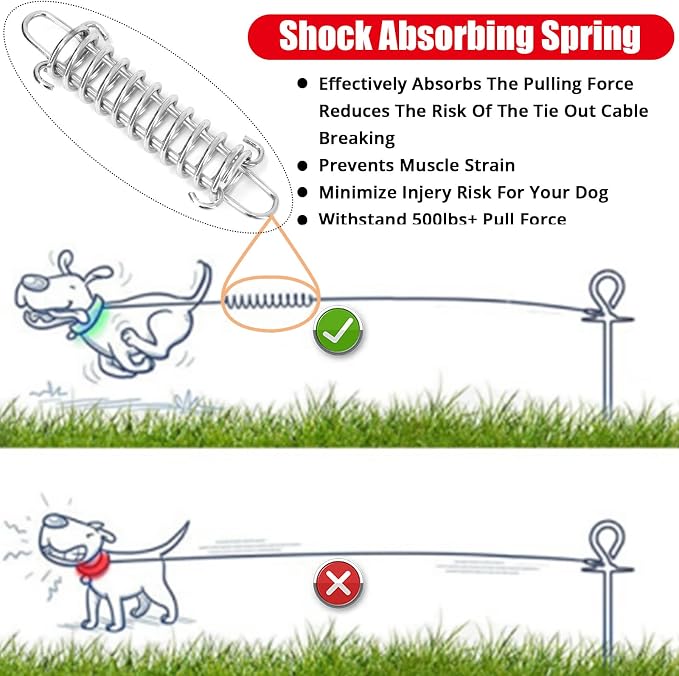 jenico Dog Tie Out Cable - 25ft Dog Lead for Yard - Heavy Duty Dog Chain with Shock Spring - Outdoor Tether Leash for Small Large Dogs Up to 500 lbs