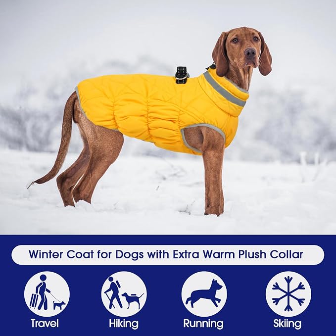 FUAMEY Dog Winter Coat Fleece Warm Large Dog Coat with Harness Built in | Dogs Cold Weather Fleece Coats Zip up Reflective Dog Winter Vest Windproof Water Resistant Snow Coats Yellow XL