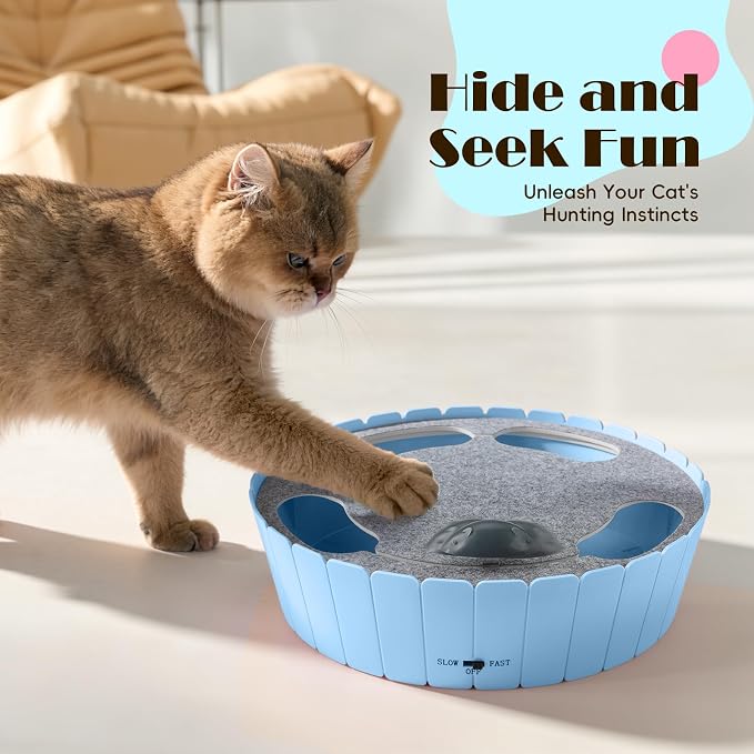 Pawaboo Interactive Cat Toy with Running Mouse, Automatic Track Kitten Toy | Electronic Motion Cat Toy for Indoor Cats, Pop and Play Hide Seek Cats Toys Hunting Mouse for Kitty Play Exercise, Blue