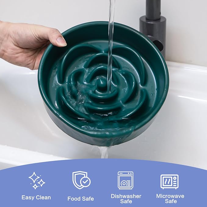 8.25'' Ceramic Slow Feeder Dog Bowls - Petal Shape Modern Dog Food Dish for Medium and Large Breeds, Puzzle Maze Bowl to Slow Down Eating, Anti-Gulping, Dishwasher & Microwave Safe, Green